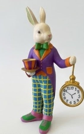 Alice im Wunderland Teezeit Hasenfigur, Hasenstatue mit Teetasse &amp; Uhr, Hasenfigur, Wunderland Teeparty, Hase mit Teetasse