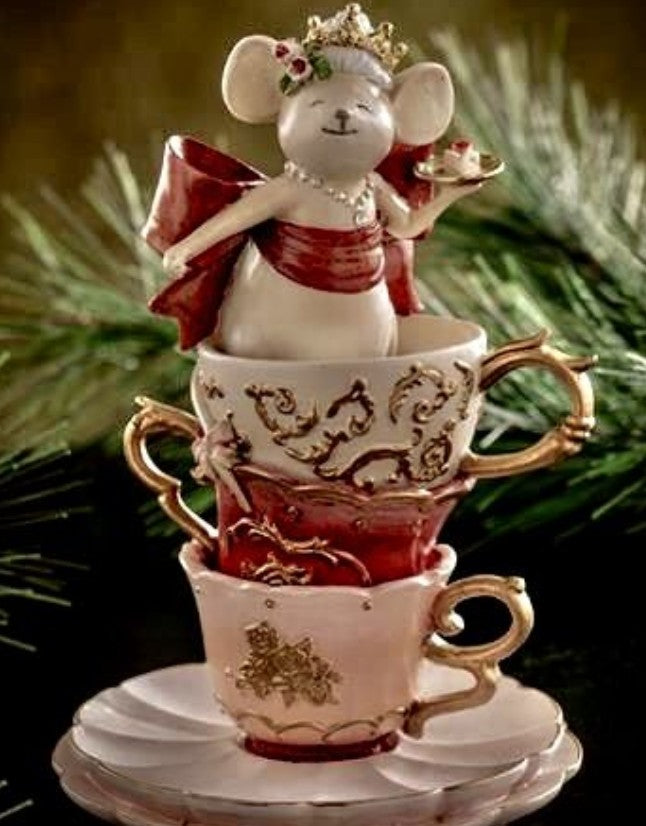 Alice in Wonderland Decor, Teacup Mouse Figurine, Fantasy Table Decor, Whimsical Crown Statue