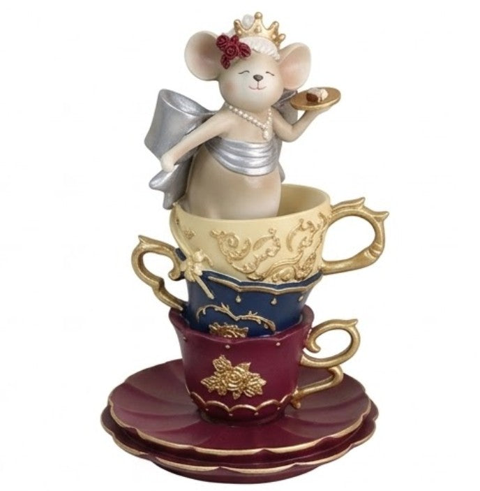 Alice in Wonderland Decor, Teacup Mouse Figurine, Fantasy Table Decor, Whimsical Crown Statue