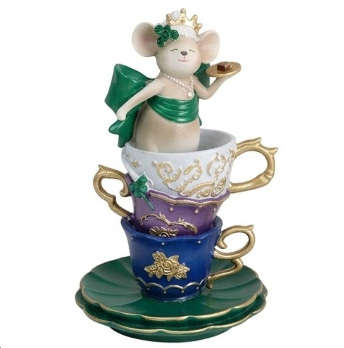 Alice in Wonderland Decor, Teacup Mouse Figurine, Fantasy Table Decor, Whimsical Crown Statue
