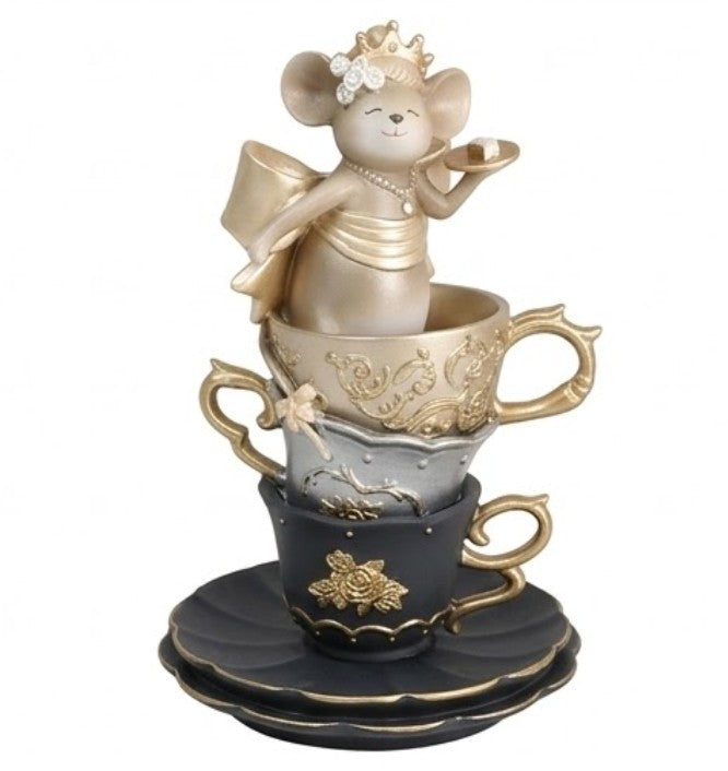 Alice in Wonderland Decor, Teacup Mouse Figurine, Fantasy Table Decor, Whimsical Crown Statue