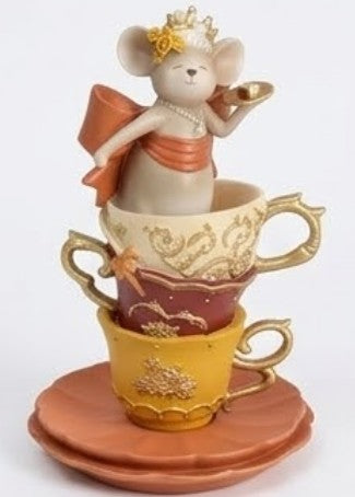 Alice in Wonderland Decor, Teacup Mouse Figurine, Fantasy Table Decor, Whimsical Crown Statue
