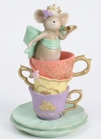 Alice in Wonderland Decor, Teacup Mouse Figurine, Fantasy Table Decor, Whimsical Crown Statue