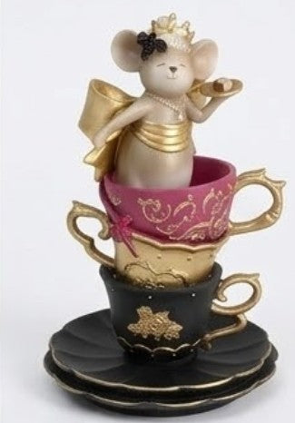Alice in Wonderland Decor, Teacup Mouse Figurine, Fantasy Table Decor, Whimsical Crown Statue