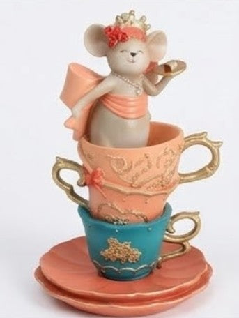 Alice in Wonderland Decor, Teacup Mouse Figurine, Fantasy Table Decor, Whimsical Crown Statue