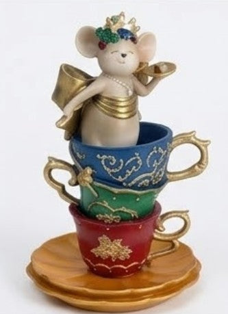 Alice in Wonderland Decor, Teacup Mouse Figurine, Fantasy Table Decor, Whimsical Crown Statue