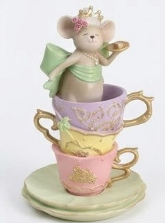 Alice in Wonderland Decor, Teacup Mouse Figurine, Fantasy Table Decor, Whimsical Crown Statue