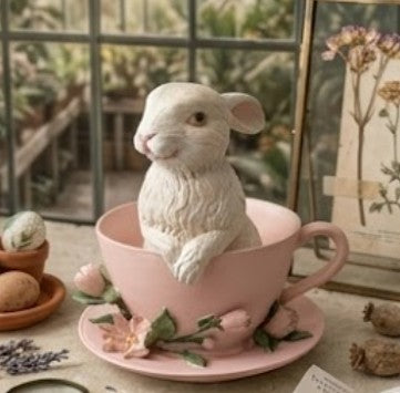 Handmade Rabbit Decor in Teacup Bunny Figurine, Polyester Spring Table Decoration, Easter Rabbit Sculpture