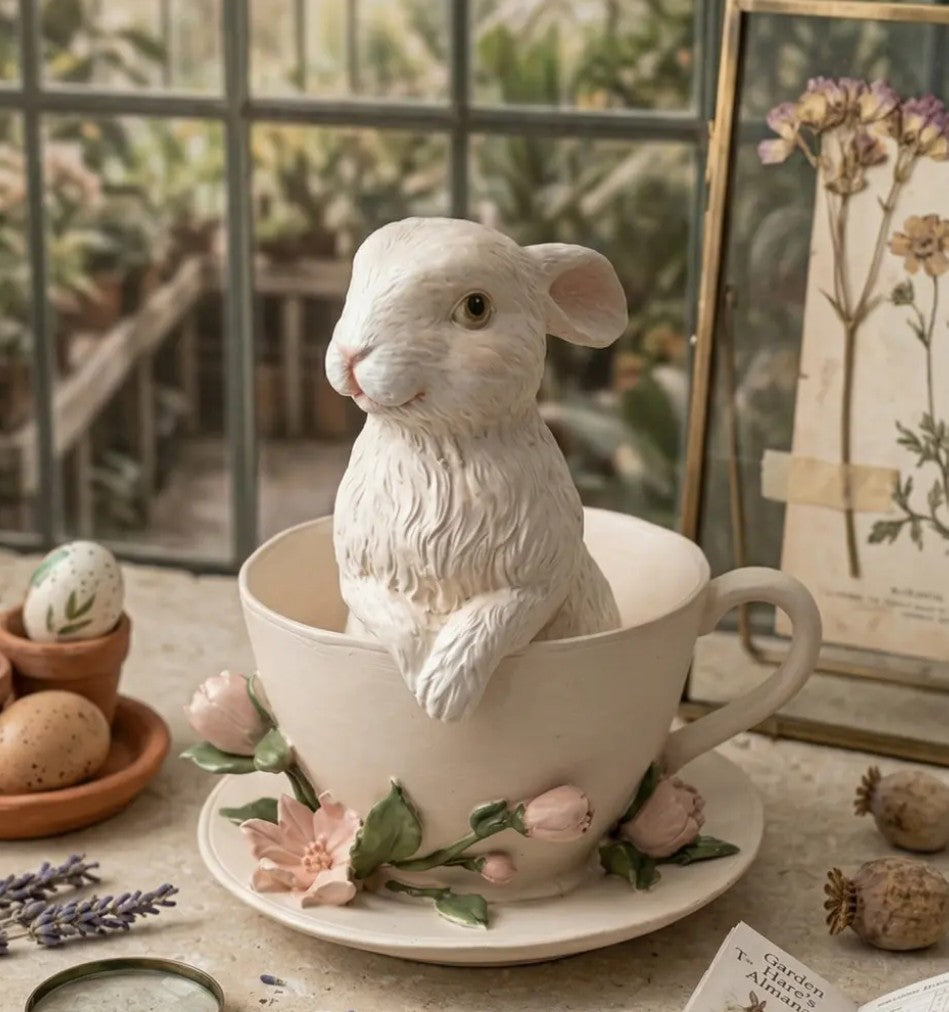 Handmade Rabbit Decor in Teacup Bunny Figurine, Polyester Spring Table Decoration, Easter Rabbit Sculpture