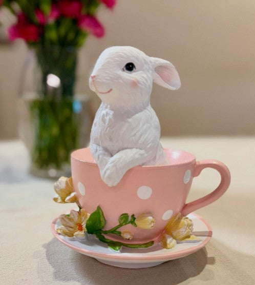 Handmade Rabbit Decor in Teacup Bunny Figurine, Polyester Spring Table Decoration, Easter Rabbit Sculpture