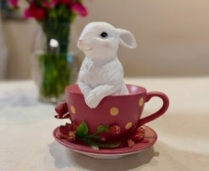 Handmade Rabbit Decor in Teacup Bunny Figurine, Polyester Spring Table Decoration, Easter Rabbit Sculpture
