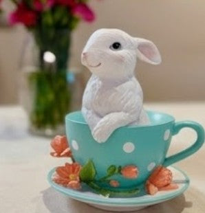 Handmade Rabbit Decor in Teacup Bunny Figurine, Polyester Spring Table Decoration, Easter Rabbit Sculpture