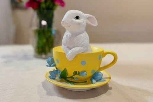 Handmade Rabbit Decor in Teacup Bunny Figurine, Polyester Spring Table Decoration, Easter Rabbit Sculpture