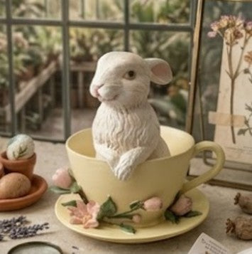 Handmade Rabbit Decor in Teacup Bunny Figurine, Polyester Spring Table Decoration, Easter Rabbit Sculpture