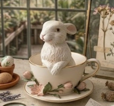 Handmade Rabbit Decor in Teacup Bunny Figurine, Polyester Spring Table Decoration, Easter Rabbit Sculpture