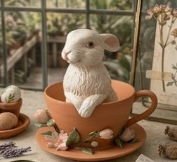 Handmade Rabbit Decor in Teacup Bunny Figurine, Polyester Spring Table Decoration, Easter Rabbit Sculpture