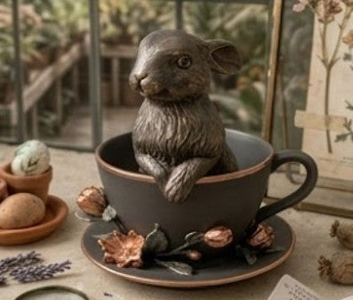 Handmade Rabbit Decor in Teacup Bunny Figurine, Polyester Spring Table Decoration, Easter Rabbit Sculpture