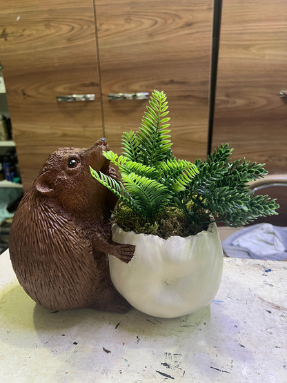 Hedgehog Flower Pot Planter, Cute Hedgehog Pot with Greenery, Animal Flower Pot Decor, Handcrafted Hedgehog Planter, Hedgehog Vase