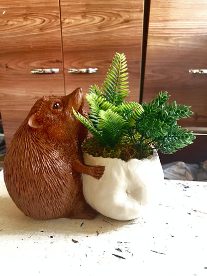 Hedgehog Flower Pot Planter, Cute Hedgehog Pot with Greenery, Animal Flower Pot Decor, Handcrafted Hedgehog Planter, Hedgehog Vase