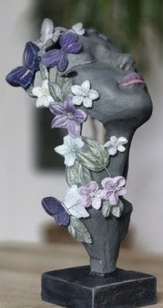 Künstlerisches Mädchengesicht mit Blumen Skulptur, Florales Gesicht Kunst Dekor, Feminines abstraktes Dekor, Gesicht mit Schmetterlingen Skulptur, Schmetterlinge Dekor, Schmetterlinge Statue