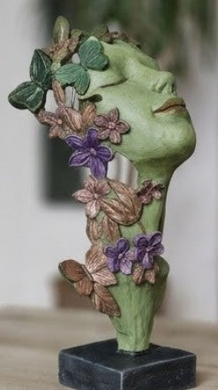 Künstlerisches Mädchengesicht mit Blumen Skulptur, Florales Gesicht Kunst Dekor, Feminines abstraktes Dekor, Gesicht mit Schmetterlingen Skulptur, Schmetterlinge Dekor, Schmetterlinge Statue