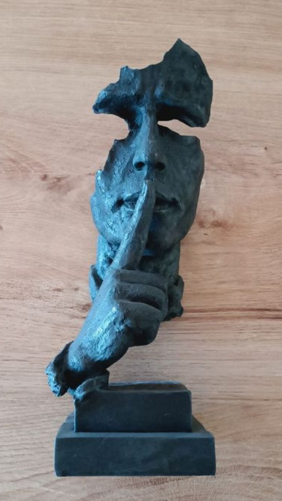 Silence Face Sculpture, Shushing Mask Decor, Abstract Face Statue, Emotional Art Piece