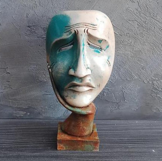 Handmade Sad Face Mask Decor, Handmade Sad Mask Statue, Handmade Face Sculpture, Handmade Artistic Face Decor, Abstract Emotion Sculpture