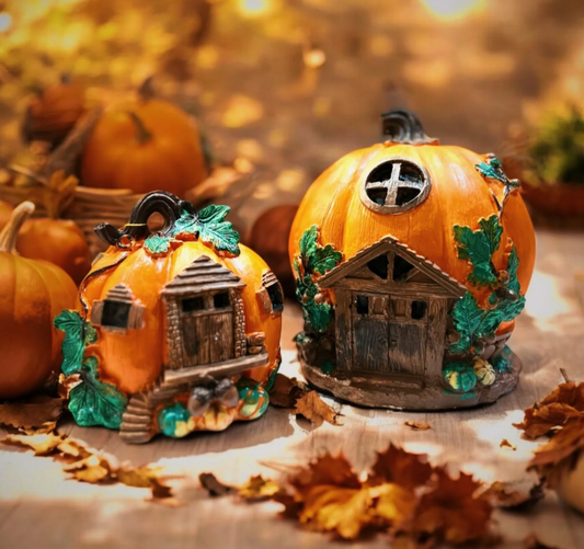 Pumpkin House Statue Set, Pumpkin House Decor, Fall Pumpkin Cottage Statue, Halloween Pumpkin House Statues, Pumpkin Themed House Decor