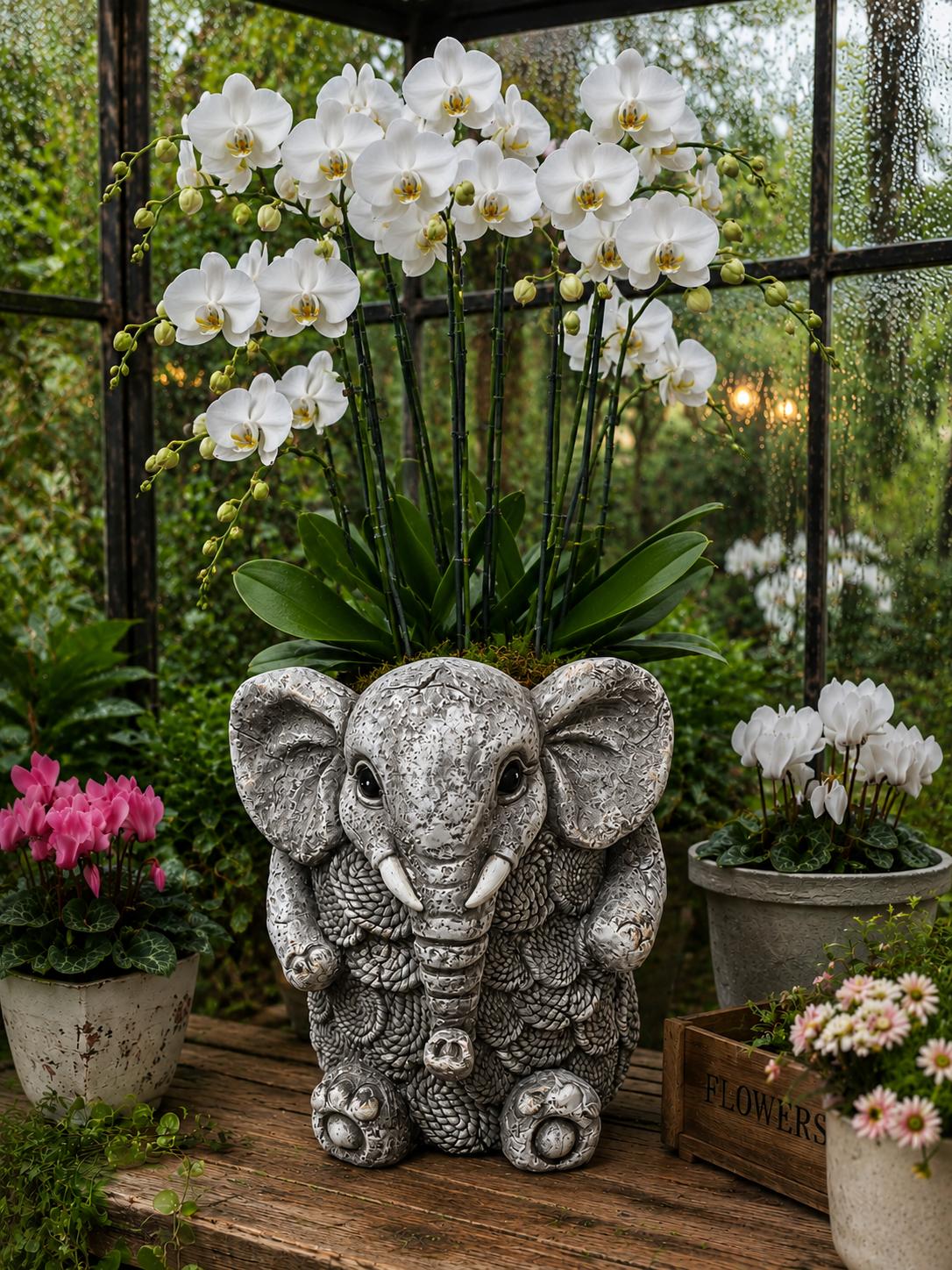 Elephant Planter Vase, Decorative Flower Pot, Polyester Elephant Sculpture, Animal Decor