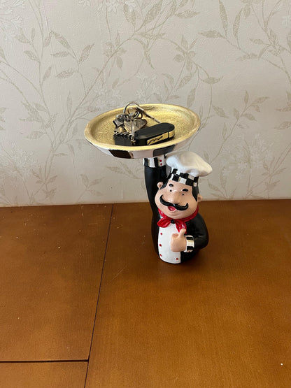 Chef Decor with Tray, Handmade Chef Decor with Tray, Handmade Chef Figurine with Tray, Handmade Chef Statue, Handmade Kitchen Chef Statue