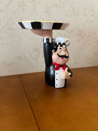 Chef Decor with Tray, Handmade Chef Decor with Tray, Handmade Chef Figurine with Tray, Handmade Chef Statue, Handmade Kitchen Chef Statue