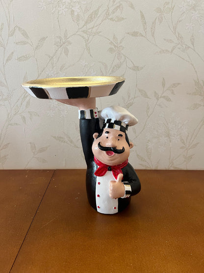 Chef Decor with Tray, Handmade Chef Decor with Tray, Handmade Chef Figurine with Tray, Handmade Chef Statue, Handmade Kitchen Chef Statue