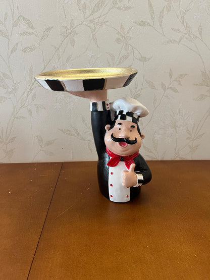 Chef Decor with Tray, Handmade Chef Decor with Tray, Handmade Chef Figurine with Tray, Handmade Chef Statue, Handmade Kitchen Chef Statue