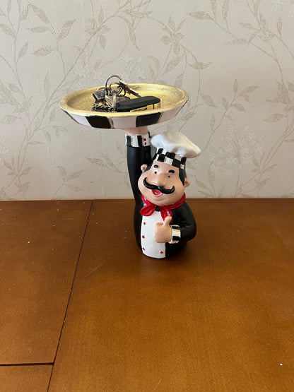 Chef Decor with Tray, Handmade Chef Decor with Tray, Handmade Chef Figurine with Tray, Handmade Chef Statue, Handmade Kitchen Chef Statue