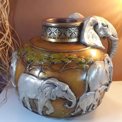 Elephant Vase, Handcrafted Safari Decor, Wildlife Art Decor, Elephant Handle Vase, Exotic Home Decor, Elephant Vase Decor, African Vase, Wildlife Vase
