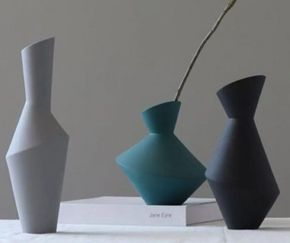 Modern Geometric Vase Set, Ceramic Geometric Vase Trio, Set of 3 Abstract Vases, Minimalist Home Vase Set, Modern Decorative Vase Set