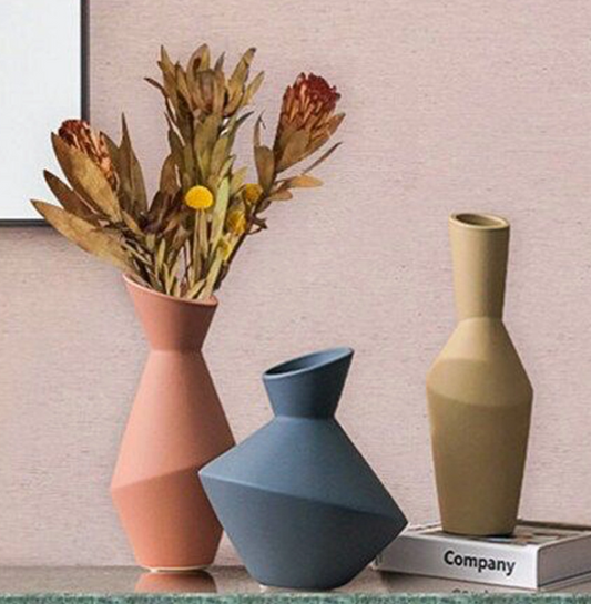 Modern Geometric Vase Set, Ceramic Geometric Vase Trio, Set of 3 Abstract Vases, Minimalist Home Vase Set, Modern Decorative Vase Set