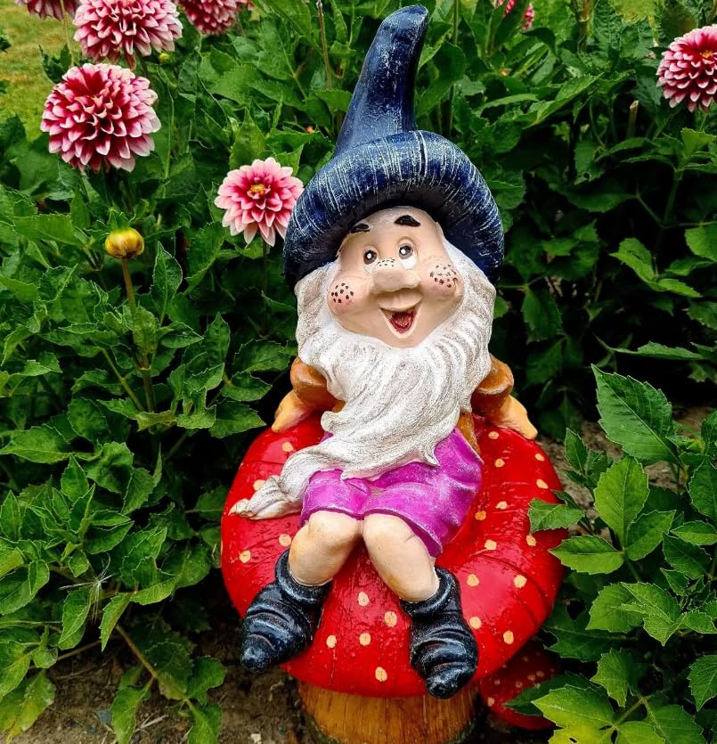 Garden Gnome Sitting on Red Mushroom Outdoor Decor, Garden Gnome Statue, Outdoor Garden Decor, Mushroom Gnome Figure, Fairy Garden Gnome, Garden Gnome Sculpture, Garden Gnome Decor