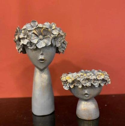 Modern Face Flower Pot with Floral Crown Set of 2, Indoor Home Accent, Chic Face Decor, Polyester Flower Pot, Face Sculpture Planter, Face Planter, Face Pot