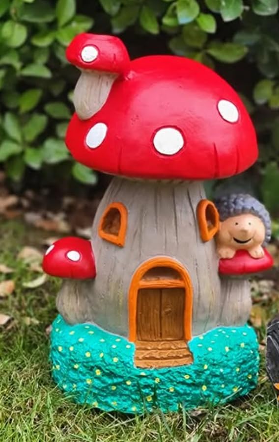 Whimsical Mushroom House Decor with Hedgehog, Toadstool House with Hedgehog, Mushroom Sculpture, Mushroom Statue with Hedgehog