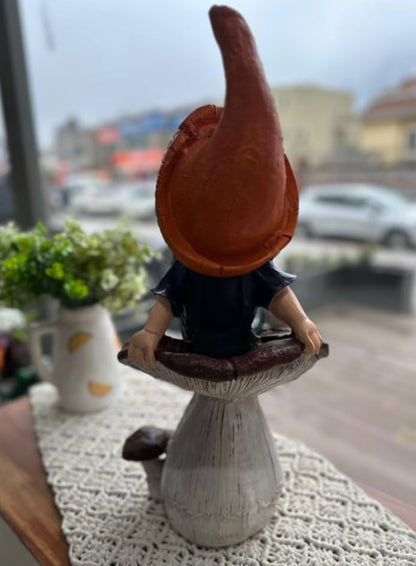 Garden Gnome Sitting on Red Mushroom Outdoor Decor, Garden Gnome Statue, Outdoor Garden Decor, Mushroom Gnome Figure, Fairy Garden Gnome, Garden Gnome Sculpture, Garden Gnome Decor