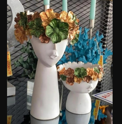 Modern Face Flower Pot with Floral Crown Set of 2, Indoor Home Accent, Chic Face Decor, Polyester Flower Pot, Face Sculpture Planter, Face Planter, Face Pot
