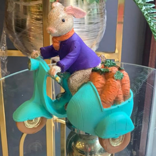 Rabbit Figurine Riding Scooter, Bunny Riding Scooter, Easter Bunny Sculpture, Easter Rabbit Sculpture, Rabbit Figurine For Shelf, Easter Rabbit Decor, Easter Bunny Decor