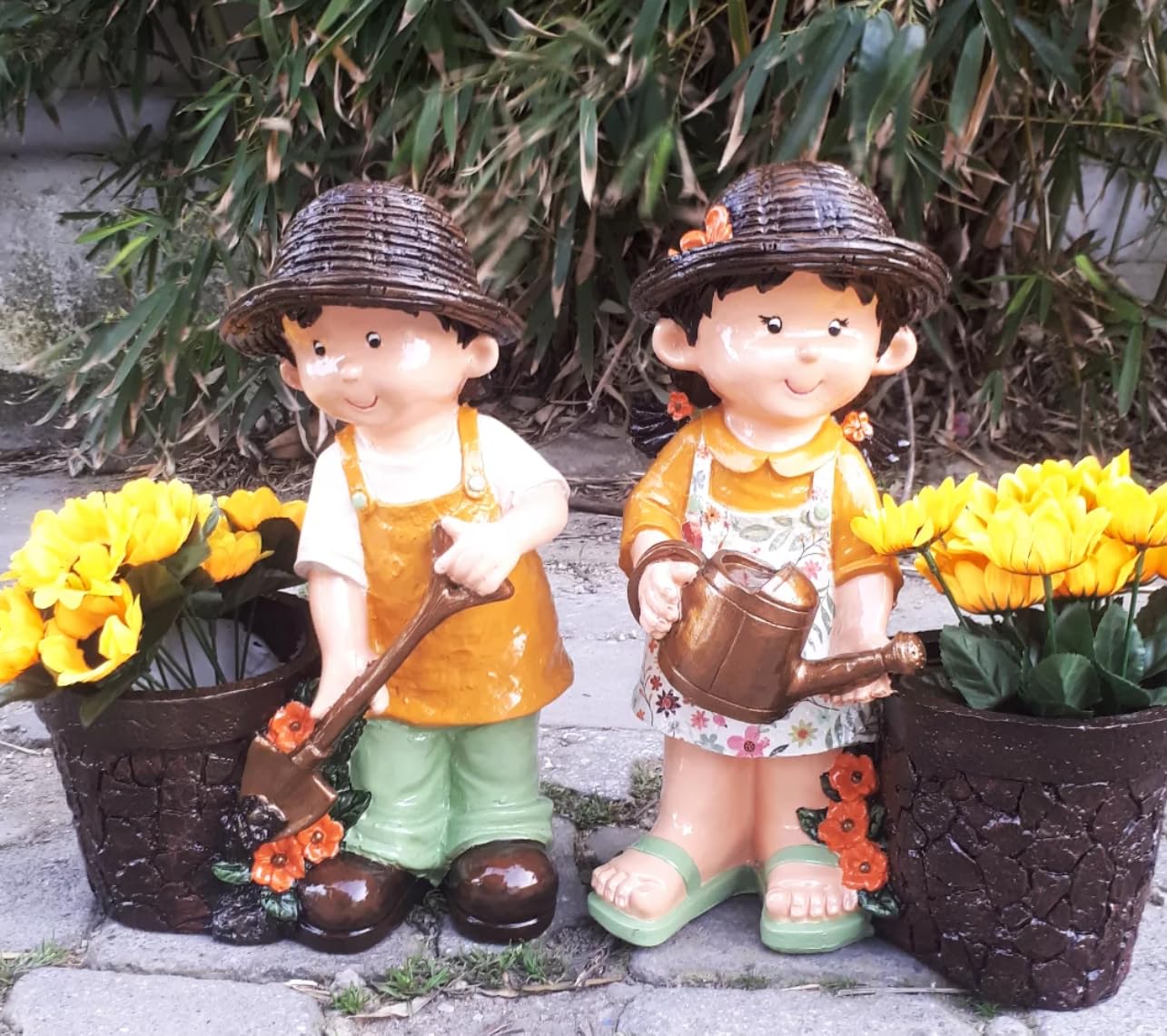 Cute Girl and Boy Planter Pots for Garden Decor, Outdoor Yard Statues, Polyester Garden Pot, Cute Planter Figurine, Boy Girl Flower Pot
