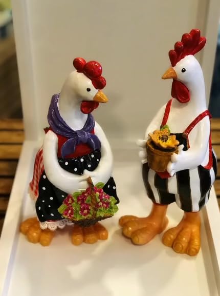 Farmhouse Chicken Decor, Charming Rooster and Hen Figurines Holding Flowers, Flower Holding Rooster, Cute Chicken Statues, Chicken Statue, Cockerel Decor, Cockerel Statue