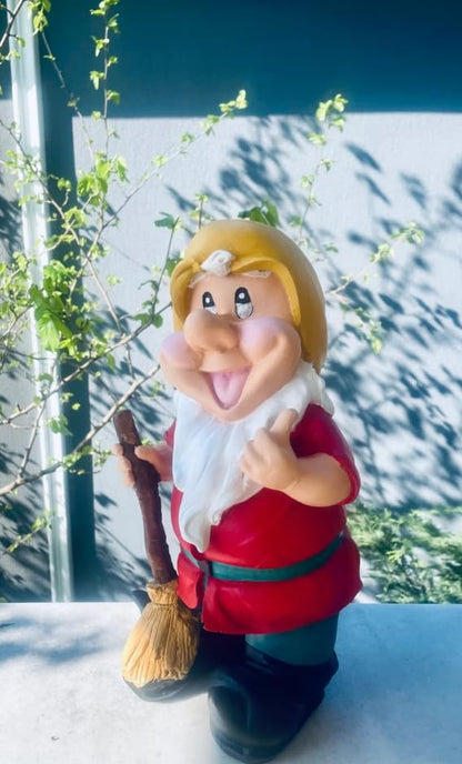 Happy Garden Gnome with Broom for Outdoor Decor, Garden Gnome Statue, Patio Gnome Figure, Gnome Decor, Broom Holding Gnome