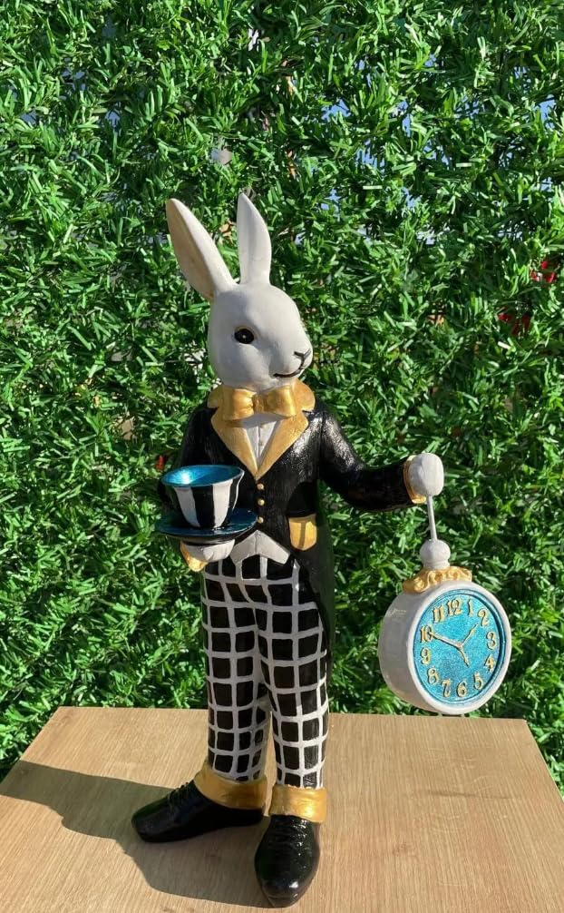 Alice in Wonderland Tea Time Rabbit Figurine, Rabbit Statue with Teacup & Clock, Rabbit Figurine, Wonderland Tea Party, Rabbit with Tea Cup