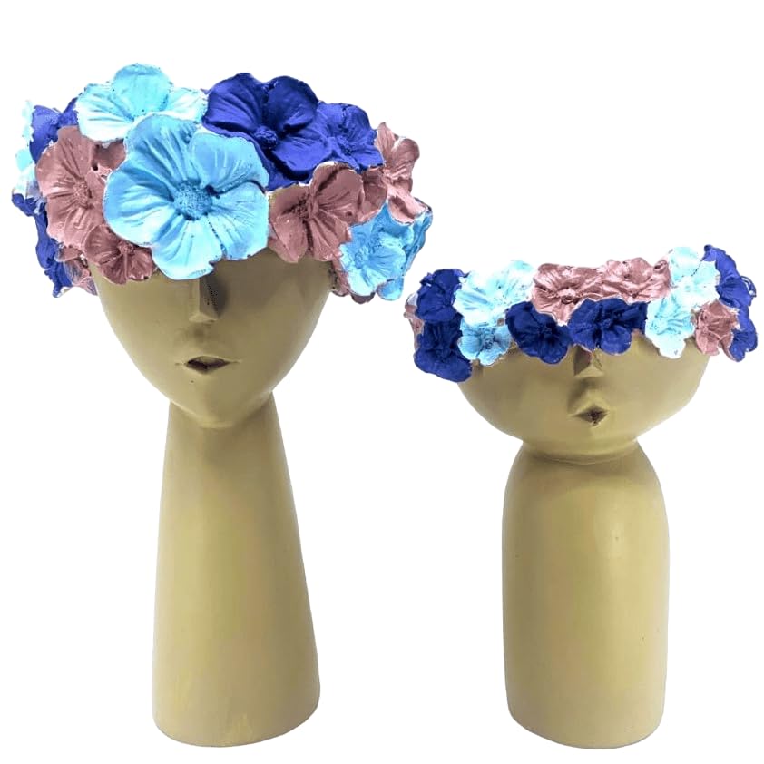 Modern Face Flower Pot with Floral Crown Set of 2, Indoor Home Accent, Chic Face Decor, Polyester Flower Pot, Face Sculpture Planter, Face Planter, Face Pot