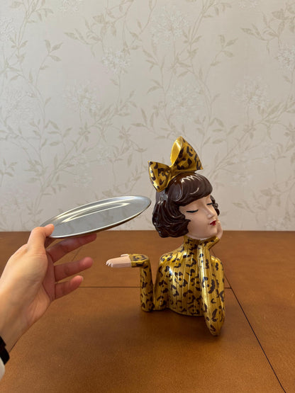 Handcrafted Girl Holding Tray Figure, Girl Sculpture With Tray Decor, Functional Girl Figurine With Tray, Decorative Girl Figurine For Gift, Girl Holding Tray Decor
