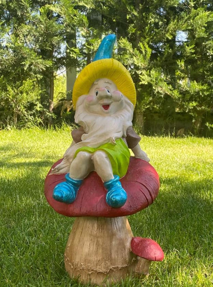Garden Gnome Sitting on Red Mushroom Outdoor Decor, Garden Gnome Statue, Outdoor Garden Decor, Mushroom Gnome Figure, Fairy Garden Gnome, Garden Gnome Sculpture, Garden Gnome Decor
